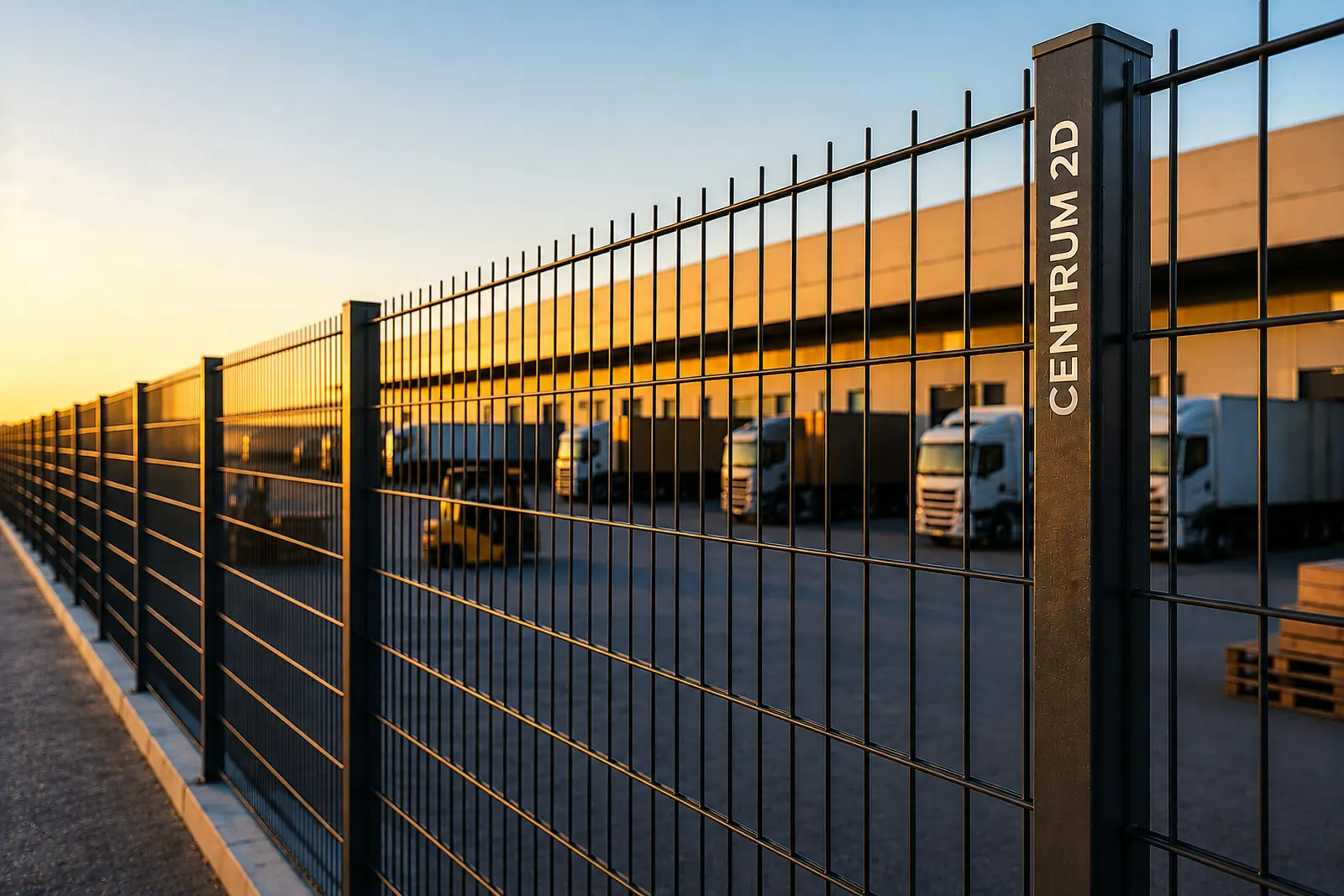 Ogrodzenie panelowe CENTRUM 2D przy zakładzie logistycznym o zachodzie słońca